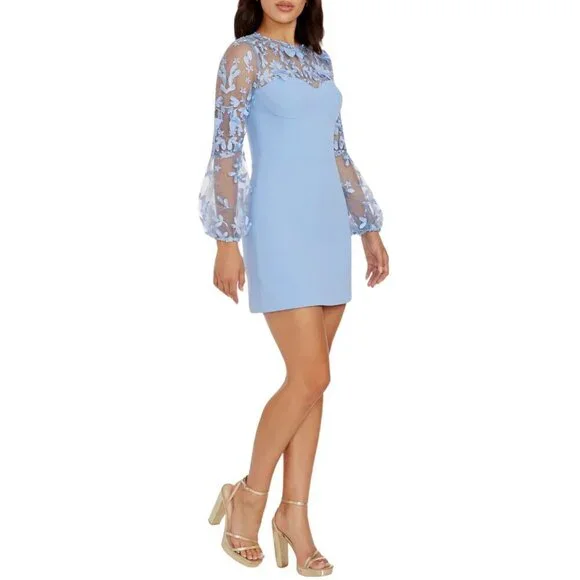 NWT Dress the Population Mila Floral Applique Mini Dress in Sky
